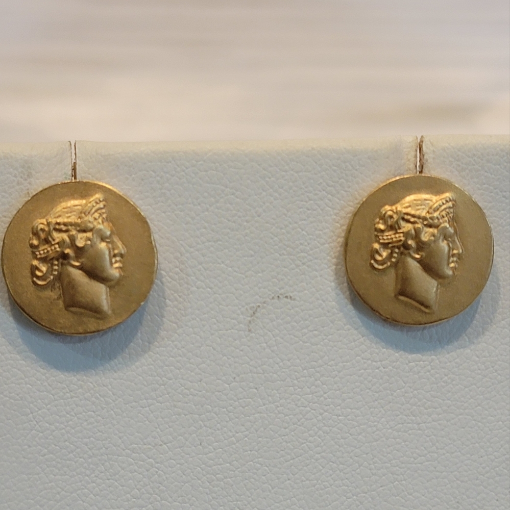 Vintage Monet Gold Tone Roman Coin Medallion Pierced Statement Earrings